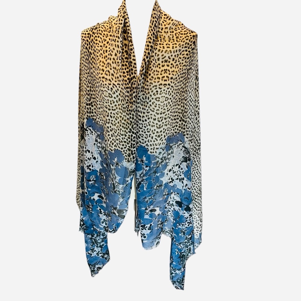 Chico's Cheetah Animal Print & Batik Blue Cream Oversized Scarf Wrap Shawl